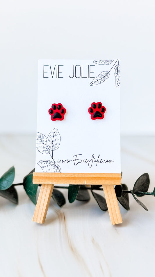 Paw Print Studs | Red + Black | Bulldogs