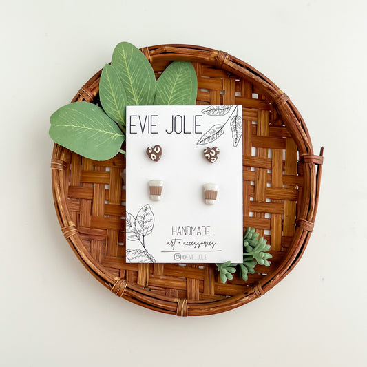 Coffee stud earring pack leopard print heart stud jewelry coffee cup earrings Handmade hypoallergenic nickel free polymer clay gifts for her